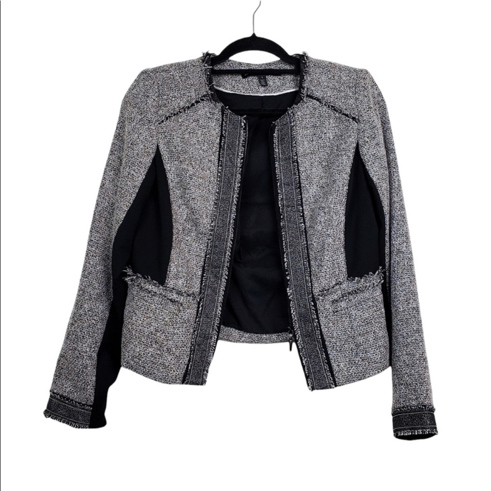 WHITE HOUSE BLACK MARKET Black Grey Fringe Tweed Zip Moto Jacket sz 4 Skirt sz 2